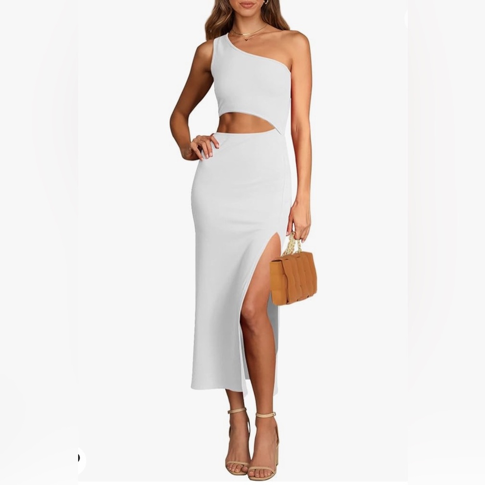 NWT Pretty Garden White One Shoupder Cut Out midi Side slits white dress